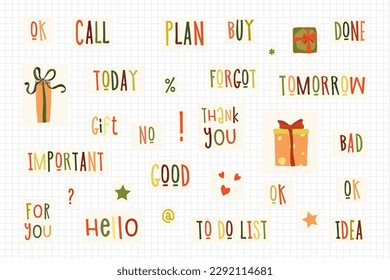 Set of Daily Planner Stickers, Patches Collection for To Do List. Weekly Badges with Quotes and Lettering. Isolated Vector for Online Communication, Web Design, Chat. Cute Cartoon Doodle Style.