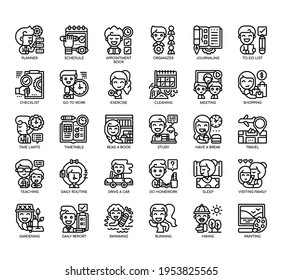 Set of daily planner thin line and pixel perfect icons for any web and app project. 