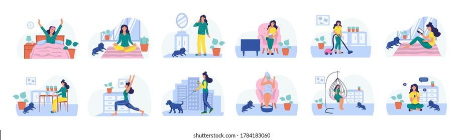 Set of daily routines. The concept of daily life, everyday leisure and work activities. Flat vector illustration.