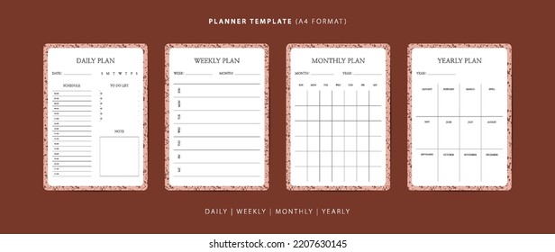 Set of daily, weekly, monthly, and yearly planner minimalist template with terrazzo pattern