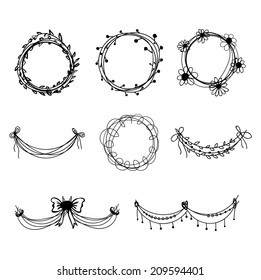 Set of dainty black hand-drawn floral and foliate borders and wreaths for decorative design elements on greeting cards and invitations