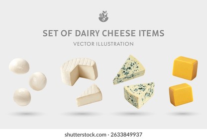 A Set of Dairy Cheese 3D Vector Items: Mozzarella, Camembert, Blue Cheese, Cheddar