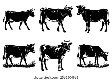 Set of dairy cow silhouettes isolated on a white background, Cow Vector illustration collection.