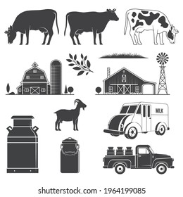 Set dairy and milk farm equipment icon. Vector illustration Set include cow, goat, farm, milk can, pickup silhouette scale isolated on the white background.