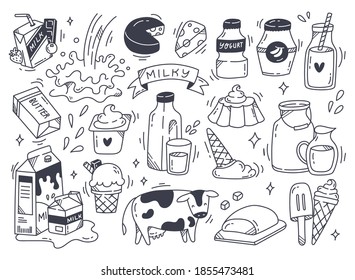 Set of dairy product in doodle style illustration