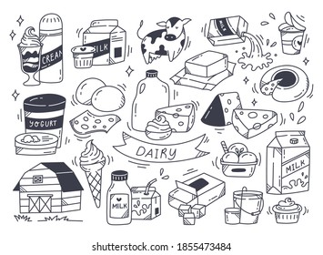 Set of dairy product in doodle style illustration