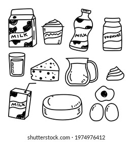 Set of dairy product doodle vector illustration isolated on white background