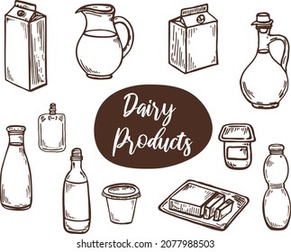 Set of dairy product doodle vector illustration. Milk, yogurt, butter, etc. Isolated on white background