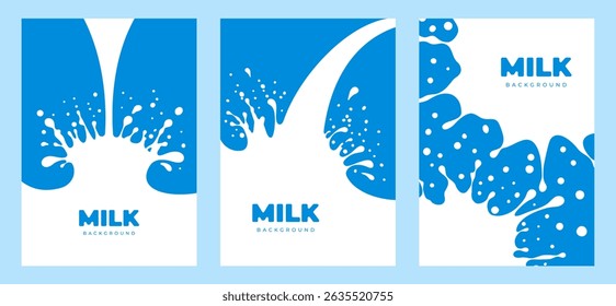 Set of dairy product label templates. Flat splashes and drops, crown and circle shaped. Can be use for background of designs, package, logo, emblem, label of organic dairy product. Vector illustration