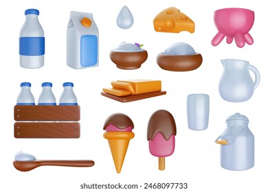 Set of dairy products in 3d cartoon style. Realistic cute package, bottle, can, glass, jug, ice cream, cheese, yogurt, milk drop. Vector illustration. Template for branding.