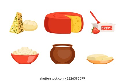 Set dairy products. Cheese, butter, yogurt, cottage cheese natural farm products flat vector illustration