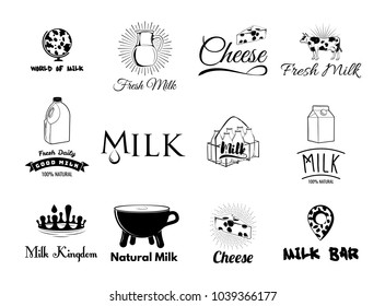 Set of dairy products. Cheese, milk, yogurt, butter, cream and dairy products packaging vintage sketch illustration for recipe, print. Cow, milk bottle. Vector illustration.