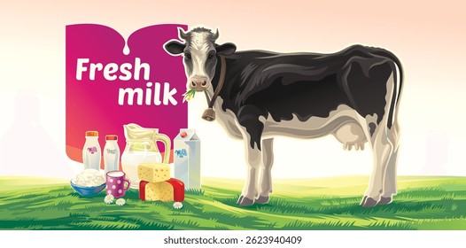 Сow, and a set of dairy products: cheese, milk, yogurt, against the background of a rural landscape. Vector illustration.