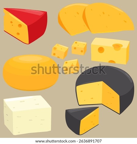 Set of dairy products, cheese sliced in pieces. Various types of cheese, blue cheese, emmental, gouda, cheddar, parmesan, brie or Swiss cheese. Vector illustration set