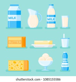 Set of dairy products flat style icon isolated on background. Milk, cheese, butter, yogurt and ice cream. Vector illustration.