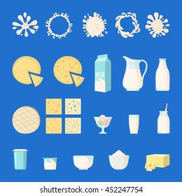 Set of dairy products in flat style isolated on white: milk, yogurt, butter, cheese, ice cream, whipped cream, milk splashes and so. Vector illustration.