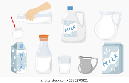 Set of dairy products.  A glass of milk, a bottle of milk, jug of milk, a pack of milk. Organic homemade food. Vector illustration. Food concept. Kitchen image. Illustration for a cookbook. 