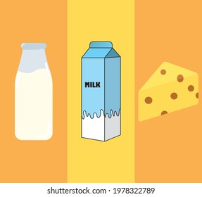 Set of dairy products including a bottle and a box of milk, and cheese. Colorful flat design. 
