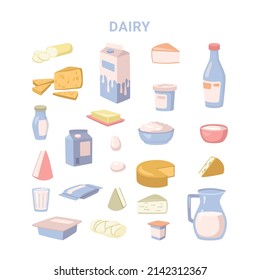 Set of dairy products, isolated cartoon cottage cheese and eggs. Vector in flat style, package of butter, hard and cottage cheese, yogurt and eggs, jug or gallon of milk. Sour cream, parmesan