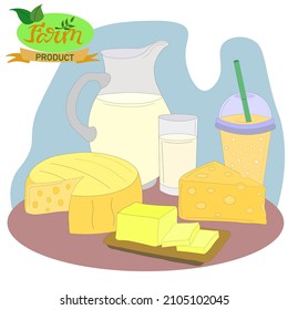set of dairy products - jug and glass of milk, circle of cheese, slices and piece, butter on wooden board and milkshake. Eco-friendly product, farm products logo.