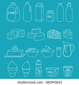 Set of dairy products in a linear style. Flat icons isolated on a blue background.