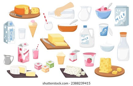 Set of dairy products. Milk, fruit yoghurts, sour cream, different types of cheese, ice cream. Dairy products. Dessert. Vector illustration. Nutrition concept. Kitchen image.