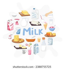 Set of dairy products. Milk, fruit yoghurts, sour cream, butter, different types of cheese, ice cream. Dairy products. Dessert. Vector illustration. Nutrition concept. Kitchen image.