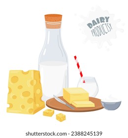 Set of dairy products. Milk, sour cream, hard cheese, butter. Dairy products. Breakfast food. Vector illustration. Nutrition concept. Kitchen image.