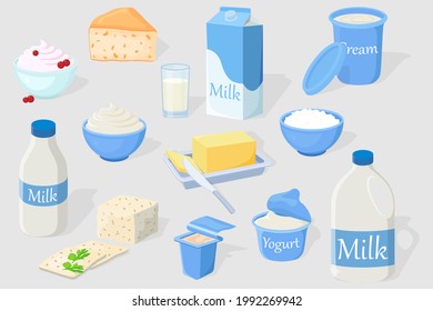 A set of dairy products on a gray background.Illustrations of milk, cottage cheese, butter, sour cream, cream, cheese and yogurt.Illustrations in a hand-drawn style.Fresh farm products.