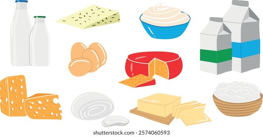 A set of dairy products on a white background: milk, cheese, eggs, sour cream, cottage cheese, butter, kefir