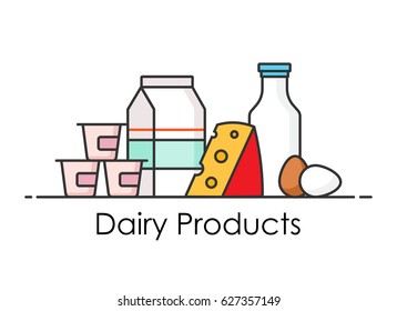 Set of dairy products outline icons with milk bottle, cheese, yogurt, eggs.