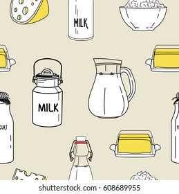 Set of dairy products, seamless pattern. Healthy organic food. Vector illustration.