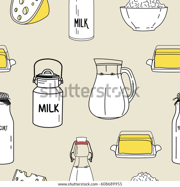 Set Dairy Products Seamless Pattern Healthy Stock Vector Royalty Free