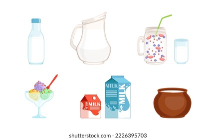 Set dairy products. Smoothie, ice cream, sour cream, milk natural farm products flat vector illustration