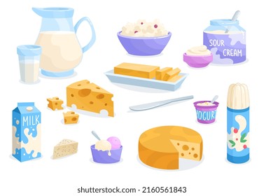 Set of dairy products. Stickers with milk, cheese, butter, cream, ice cream and delicious yogurt. Organic products from supermarket. Cartoon flat vector collection isolated on white background