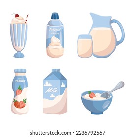 Set of Dairy Products Yogurt, Milk in Package and Jug, Whipped Cream in Bottle, Cocktail or Ice Cream and Curd with Berries. Healthy Organic Food and Desserts Production. Cartoon Vector Illustration