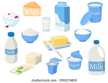 A set of dairy products.Illustrations of milk, cottage cheese, butter, sour cream, cream, cheese and yogurt.Illustrations in a hand-drawn style.Fresh farm products.