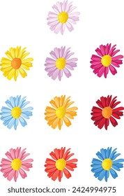 Conjunto de margaritas de flores de diferentes colores aisladas sobre fondo blanco. Ilustración vectorial en estilo plano de dibujos animados. Colección de elementos de diseño floral.

