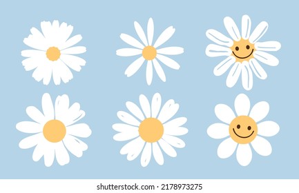 Set of daisies on blue background vector illustration. Cute hand drawn flower.