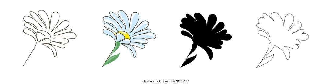 Set of daisies in one line style, doodle in blue, outline and black silhouette. Stock vector illustration isolated on white background.