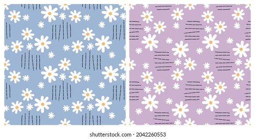 Set of daisies seamless pattern on blue and purple background vector illustration. Cute floral prints.