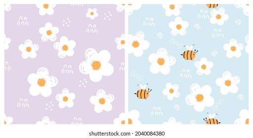 Set of daisies seamless pattern, purple and blue background vector illustration. Cute floral prints.