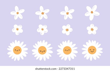 Set of daisy cartoons with cute face, white cherry blossom Sakura and hand drawn white flower on purple background vector illustration. 