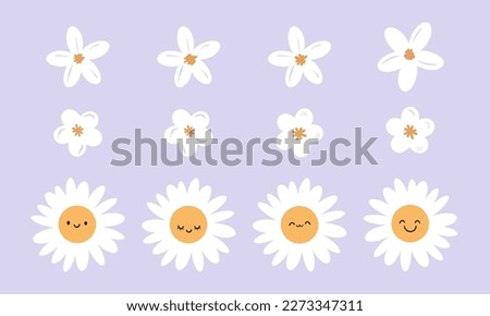 Set of daisy cartoons with cute face, white cherry blossom Sakura and hand drawn white flower on purple background vector illustration. 