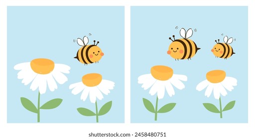 Conjunto de flores de manzanilla margarita y dibujos animados de abejas aislados en fondos azules Vector. Cute decoración de arte de la pared.