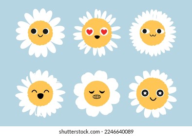 Set of daisy chamomile flower cartoons on blue background vector illustration. Cute childish print.