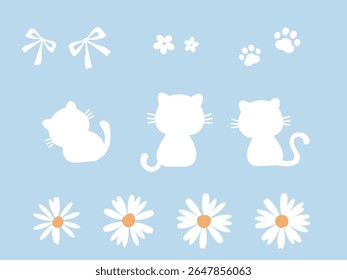Set of daisy chamomile flower, white cat cartoons, ribbon bow, and paw print sign icon on blue background vector. 