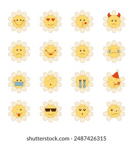 A set of daisy daisy emoticons in flat retro groovy style. Different emotions. Vector illustration on white background.