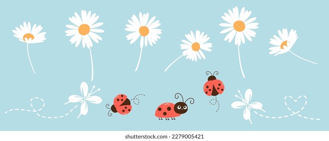 Conjunto de flor de margarita, mariposas con líneas de puntos y dibujos animados de ladybird sobre ilustración vectorial de fondo azul.