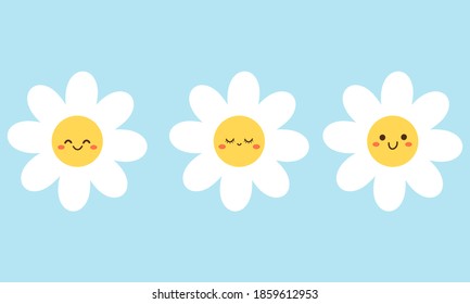 Set Of Daisy Flower With Cute Face Icon On Blue Background Vector Illustration. Cute Cartoon Character. 